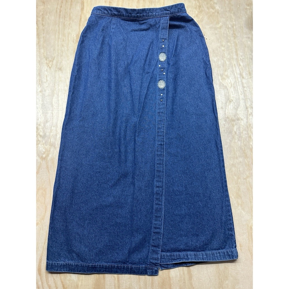 Vtg River Ridge Trading Co Concho Buttons Western Womens Maxi Denim Skirt 12‎
